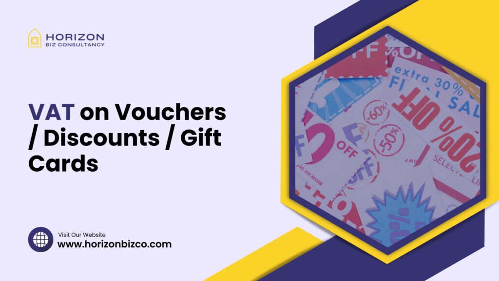 Illustration of vouchers, discounts, and gift cards with VAT labels. Text overlay reads 'VAT on Vouchers / Discounts / Gift Cards.