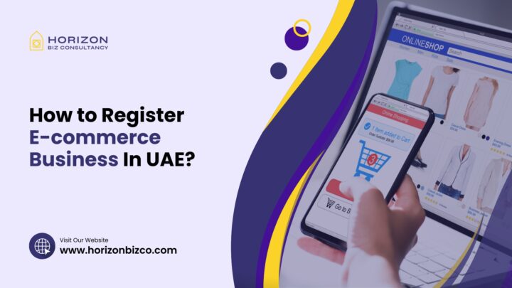 A person filling out registration forms on a laptop with a UAE flag in the background. Text overlay reads 'How to Register E-commerce Business in UAE?