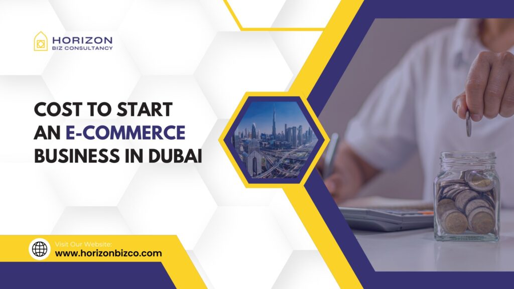 A calculator and money coins arranged on a desk with a laptop showing an e-commerce website in the background. Text overlay reads 'Cost to Start an E-commerce Business in Dubai.