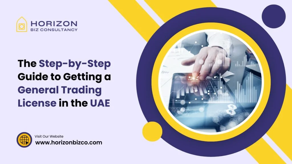 An image depicting a series of steps with icons representing the process of obtaining a General Trading License in the UAE.