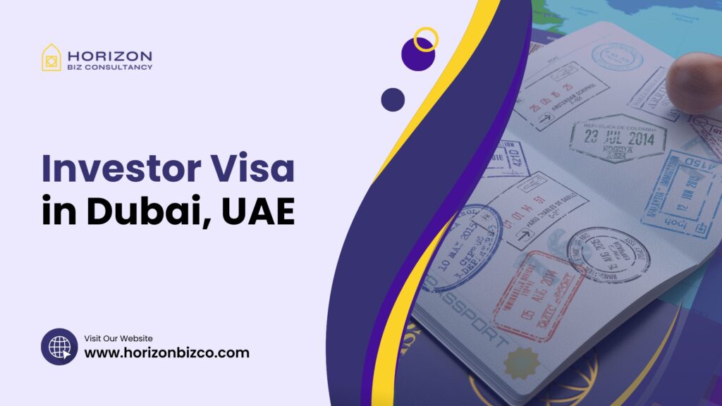 An image showing a passport with a visa stamp labeled 'Investor Visa Dubai, UAE,' representing the process of obtaining an investor visa in Dubai.