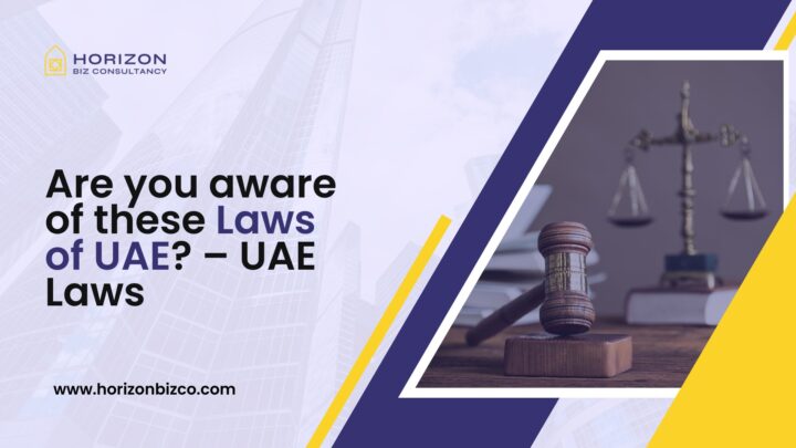 A book with "UAE Laws" written on the cover, surrounded by legal documents and a UAE flag in the background. Text overlay reads 'Are you aware of these Laws of UAE? – UAE Laws.