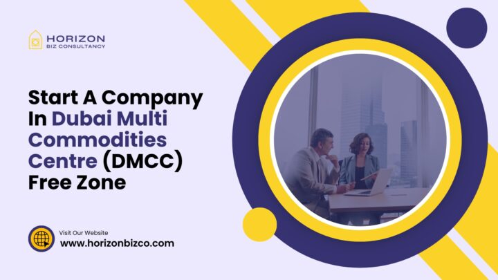 Business professionals discussing plans in a DMCC office setting. Text overlay reads 'Start A Company In Dubai Multi Commodities Centre (DMCC) Free Zone.