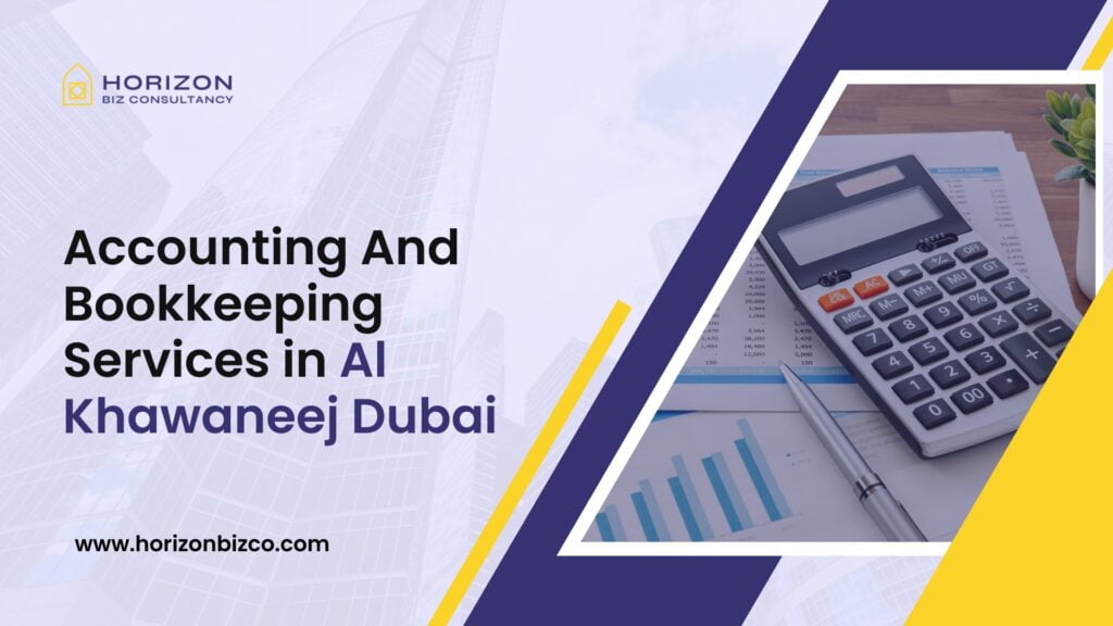 A professional accountant organizing financial documents in Al Khawaneej, Dubai. Text overlay reads 'Accounting And Bookkeeping Services in Al Khawaneej Dubai