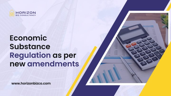 Documents with "Economic Substance Regulation" text highlighted, with a magnifying glass. Text overlay reads 'Economic Substance Regulation as per new amendments