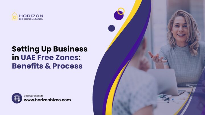 Business professionals discussing strategies in a UAE free zone office. Text overlay reads 'Setting Up Business in UAE Free Zones: Benefits & Process