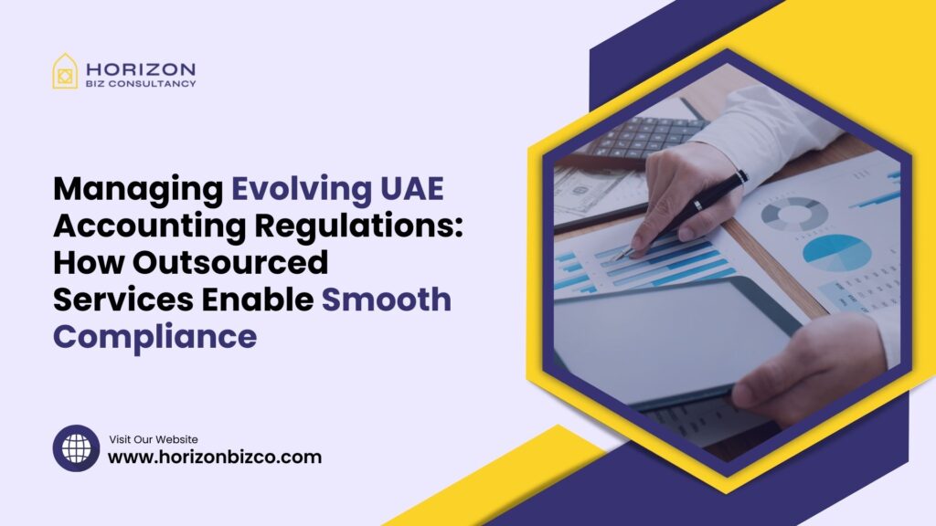 Illustration depicting the management of evolving UAE accounting regulations and how outsourced services facilitate smooth compliance.