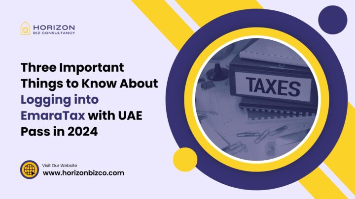 Image ad for Horizon Biz Consultancy promoting EmaraTax login with a UAE pass in 2024. Features a "TAXES" binder and office supplies with website.